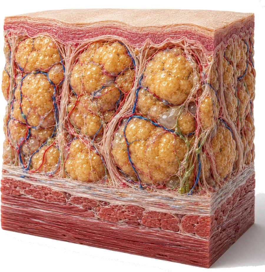 Corte de tejido con lipedema: nódulos de grasa